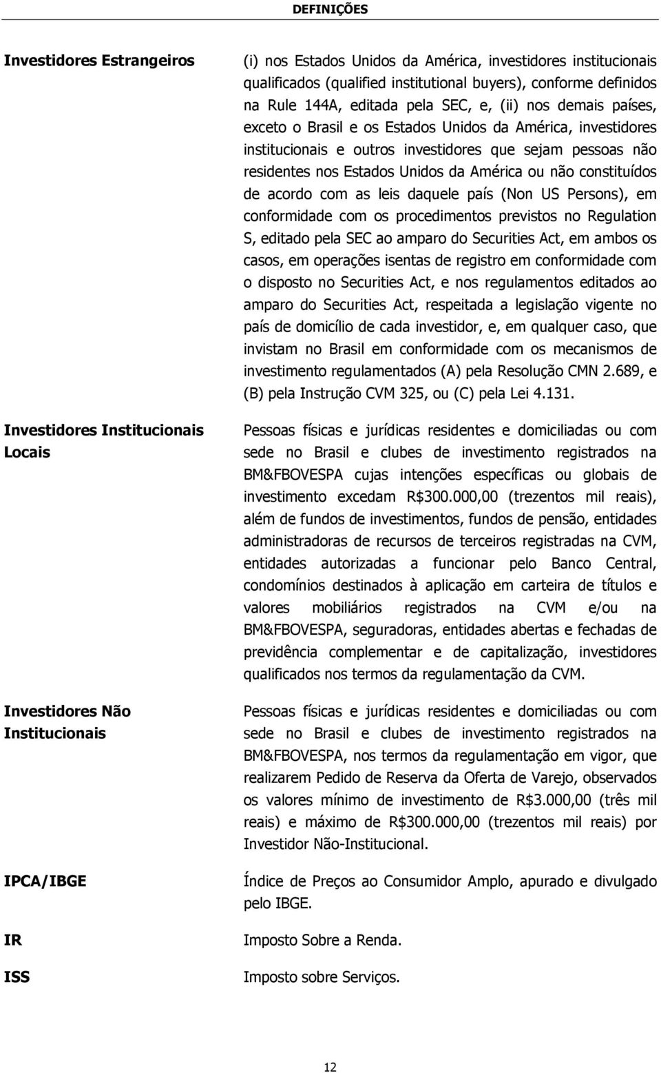 investidores que sejam pessoas não residentes nos Estados Unidos da América ou não constituídos de acordo com as leis daquele país (Non US Persons), em conformidade com os procedimentos previstos no