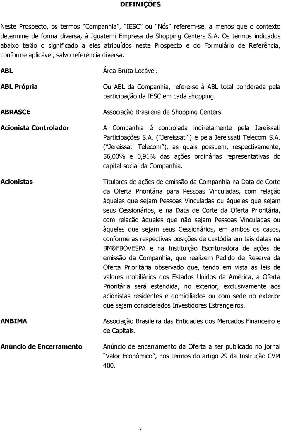 ABL ABL Própria ABRASCE Acionista Controlador Acionistas ANBIMA Anúncio de Encerramento Área Bruta Locável.