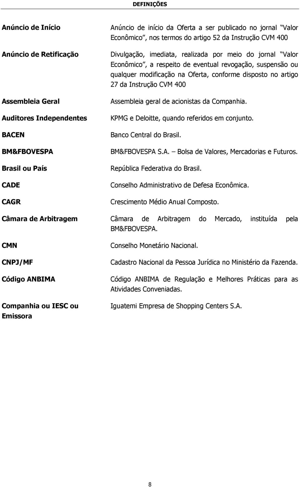 Oferta, conforme disposto no artigo 27 da Instrução CVM 400 Assembleia geral de acionistas da Companhia. KPMG e Deloitte, quando referidos em conjunto. Banco Central do Brasil. BM&FBOVESPA S.A. Bolsa de Valores, Mercadorias e Futuros.