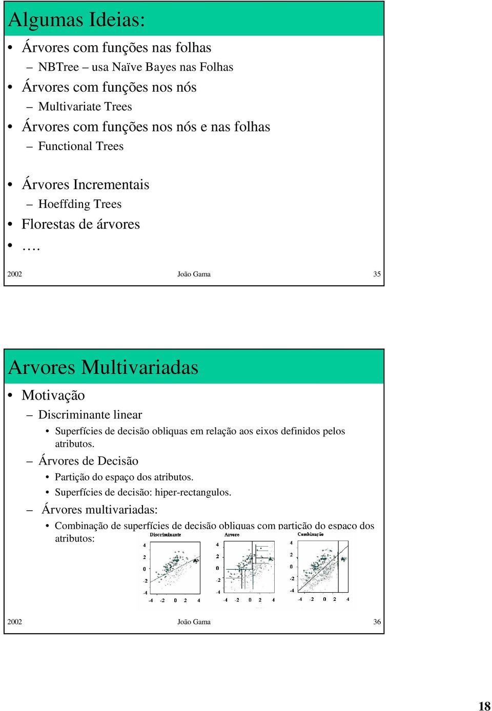 22 João Gama 35 Arvores Multivariadas Motivação Discriminante linear Superfícies de decisão obliquas em relação aos eixos definidos pelos atributos.