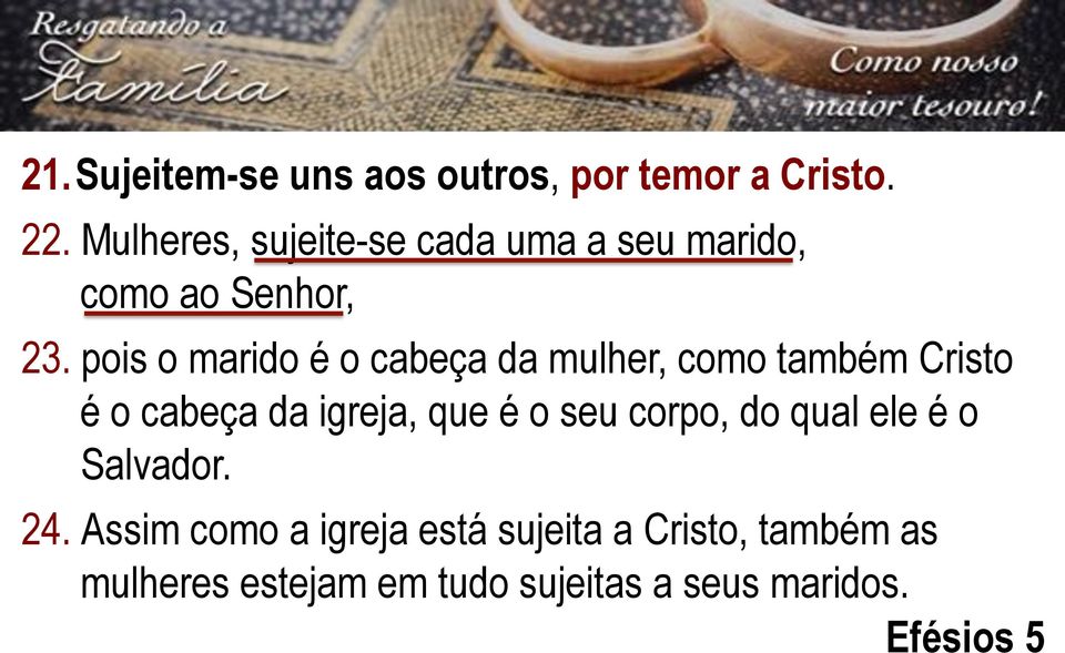 pois o marido é o cabeça da mulher, como também Cristo é o cabeça da igreja, que é o seu