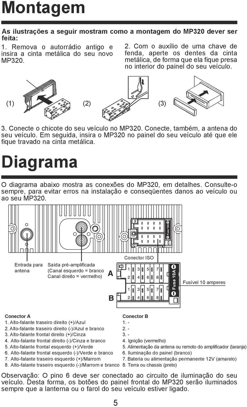 Conecte, também, a antena do seu veículo. Em seguida, insira o MP320 no painel do seu veículo até que ele fique travado na cinta metálica.