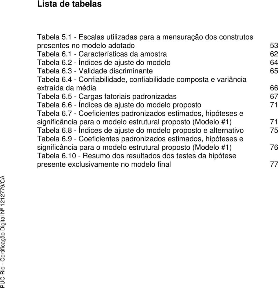 5 - Cargas fatoriais padronizadas 67 Tabela 6.6 - Índices de ajuste do modelo proposto 71 Tabela 6.