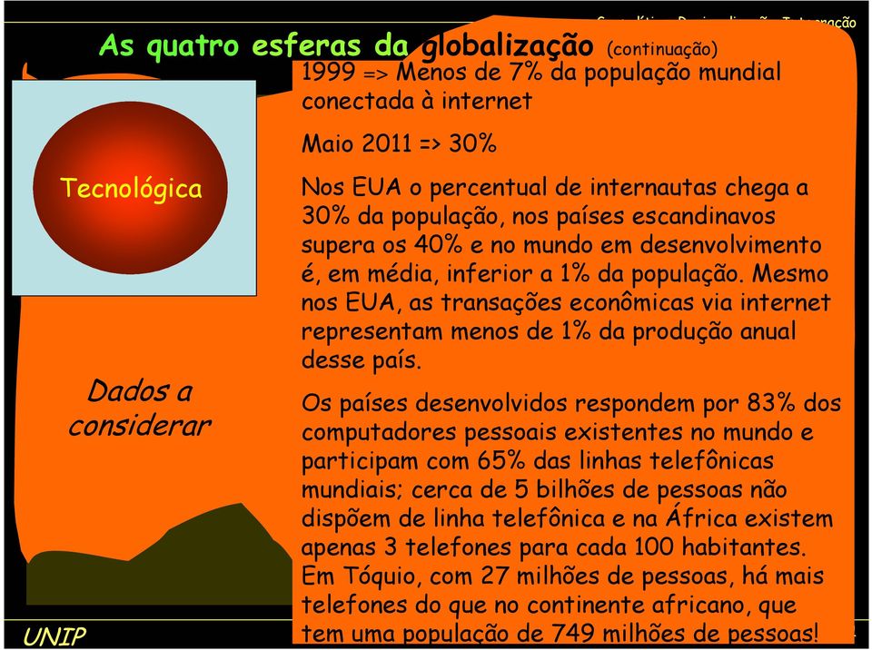 Os países desenvolvidos respondem por 83% dos computadores pessoais existentes no mundo e participam com 65% das linhas telefônicas mundiais; cerca de 5 bilhões de pessoas não dispõem de linha