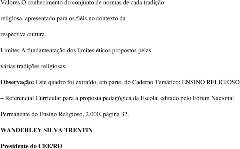 Observação: Este quadro foi extraído, em parte, do Caderno Temático: ENSINO RELIGIOSO Referencial Curricular para a