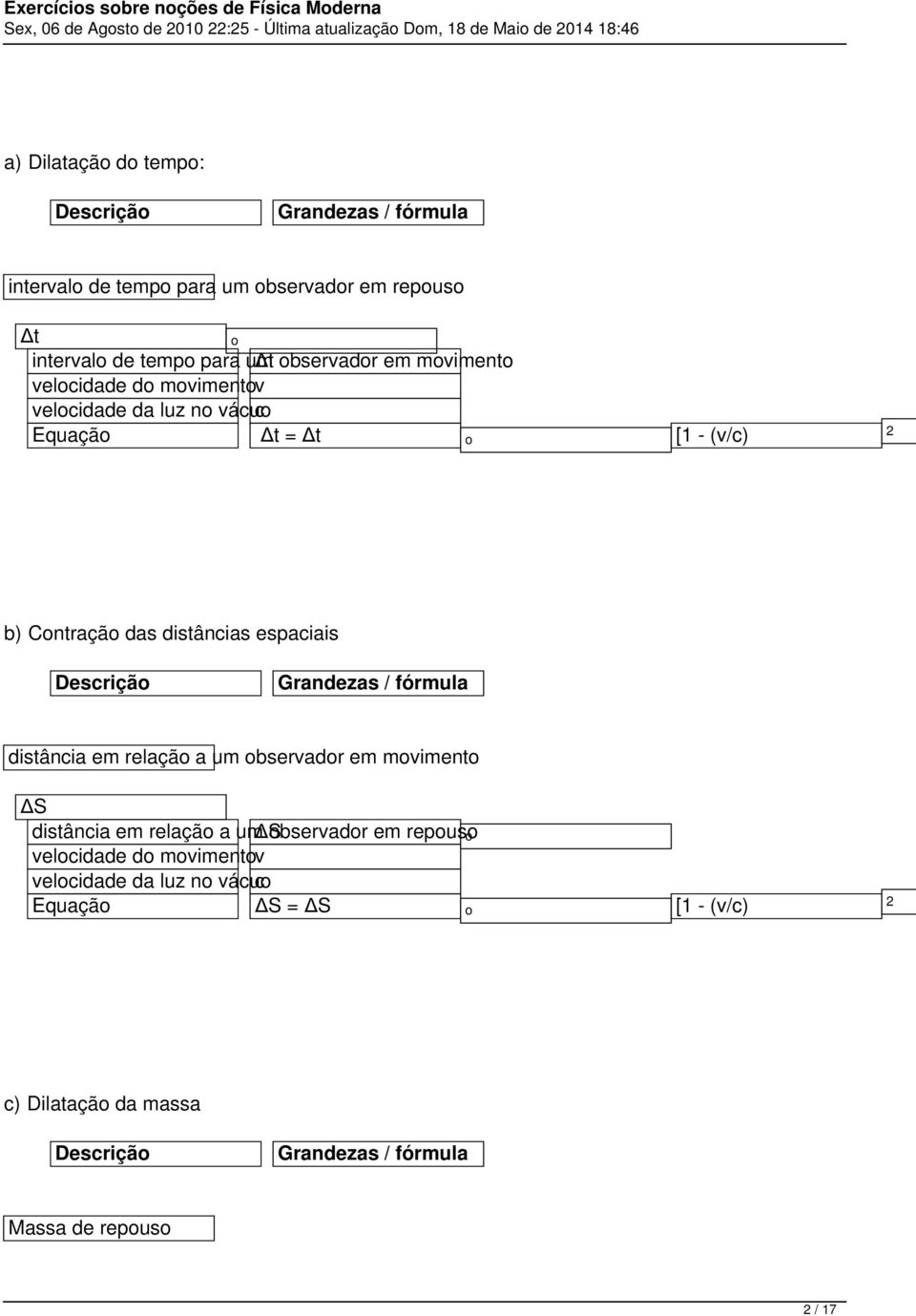 espaciais Descrição Grandezas / fórmula distância em relação a um observador em movimento ΔS distância em relação a um ΔSobservador em repouso o