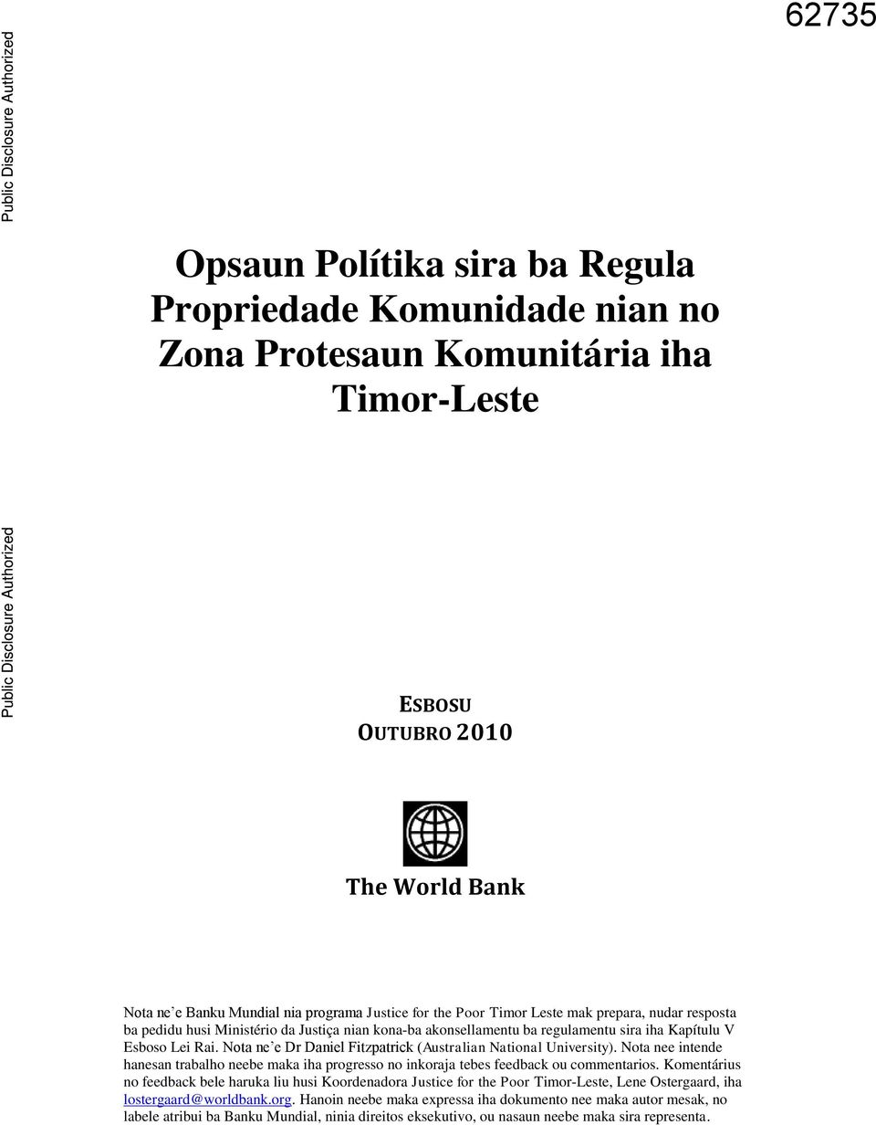 nian kona-ba akonsellamentu ba regulamentu sira iha Kapítulu V Esboso Lei Rai. Nota ne e Dr Daniel Fitzpatrick (Australian National University).