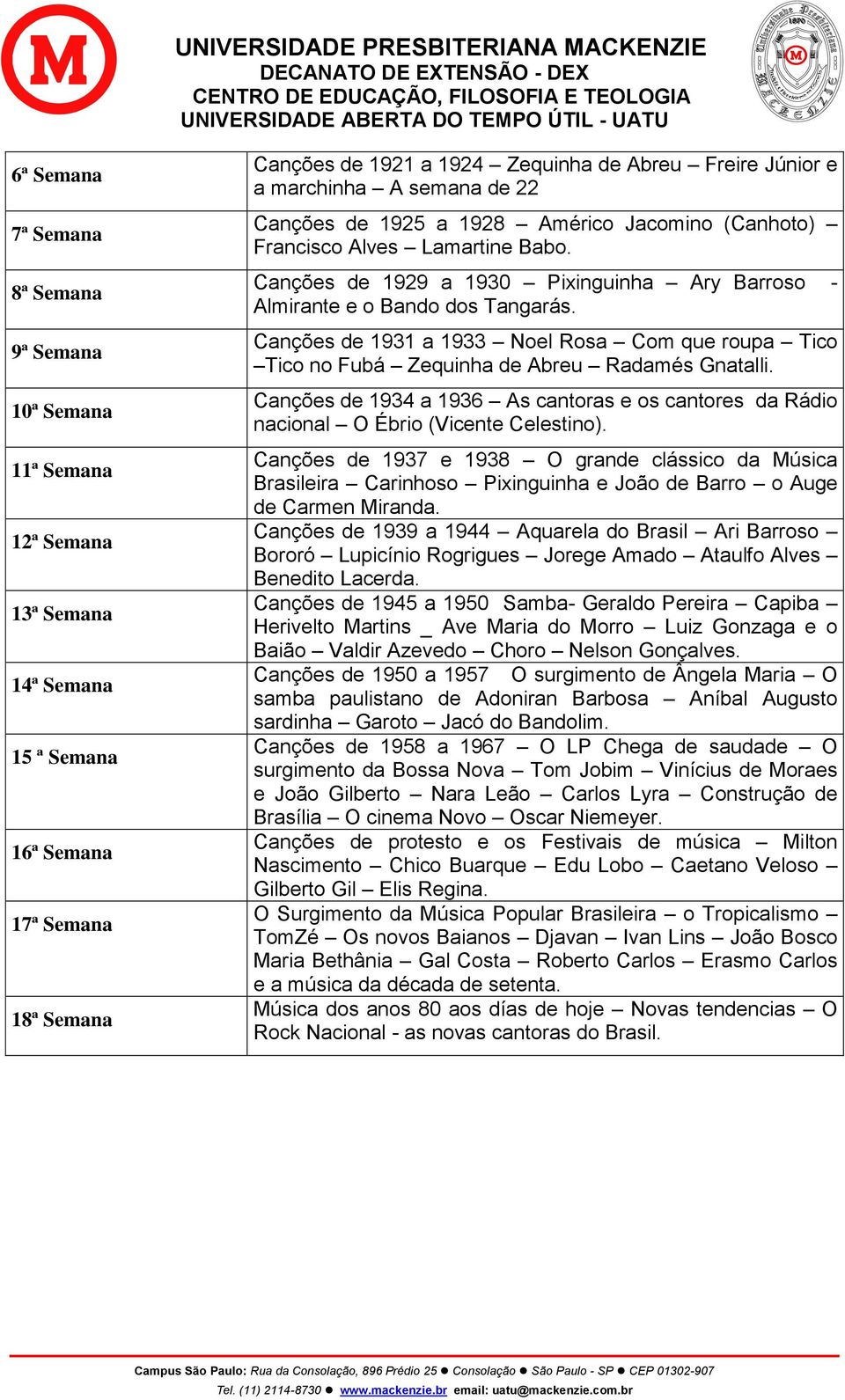 Canções de 1931 a 1933 Noel Rosa Com que roupa Tico Tico no Fubá Zequinha de Abreu Radamés Gnatalli. Canções de 1934 a 1936 As cantoras e os cantores da Rádio nacional O Ébrio (Vicente Celestino).