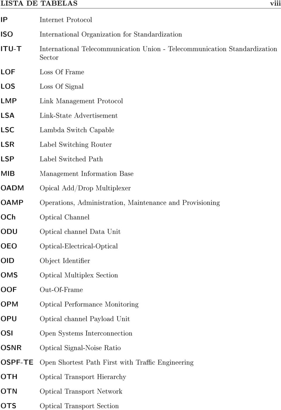 Label Switching Router Label Switched Path Management Information Base Opical Add/Drop Multiplexer Operations, Administration, Maintenance and Provisioning Optical Channel Optical channel Data Unit