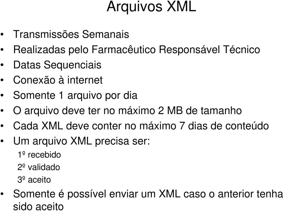 de tamanho Cada XML deve conter no máximo 7 dias de conteúdo Um arquivo XML precisa ser: 1º