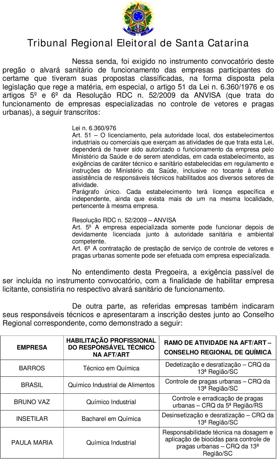 52/2009 da ANVISA (que trata do funcionamento de empresas especializadas no controle de vetores e pragas urbanas), a seguir transcritos: Lei n. 6.360/976 Art.