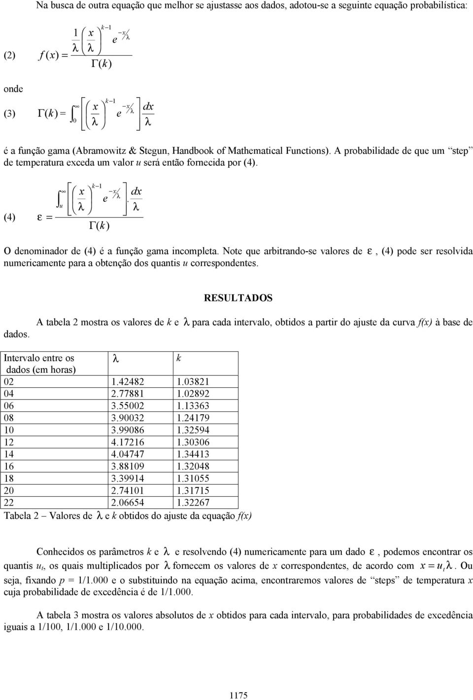 O denominador de (4) é a função gama incompleta. Note que arbitrando-se valores de ε, (4) pode ser resolvida numericamente para a obtenção dos quantis u correspondentes. RESULTADOS dados.