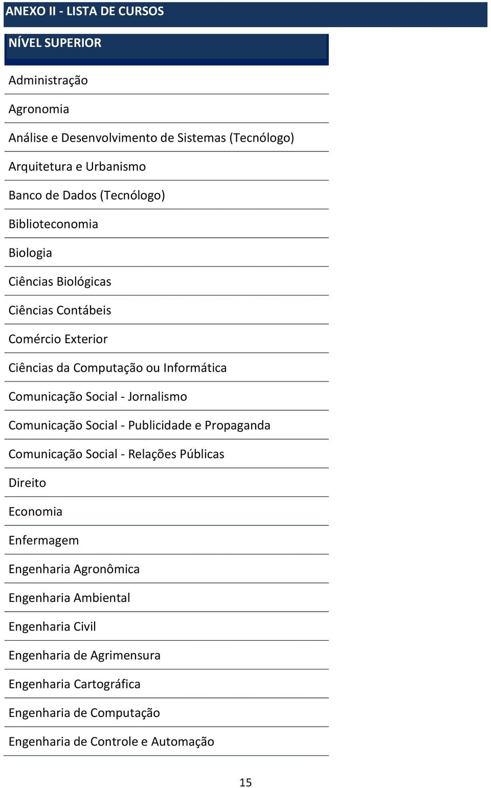 Social - Jornalismo Comunicação Social - Publicidade e Propaganda Comunicação Social - Relações Públicas Direito Economia Enfermagem Engenharia