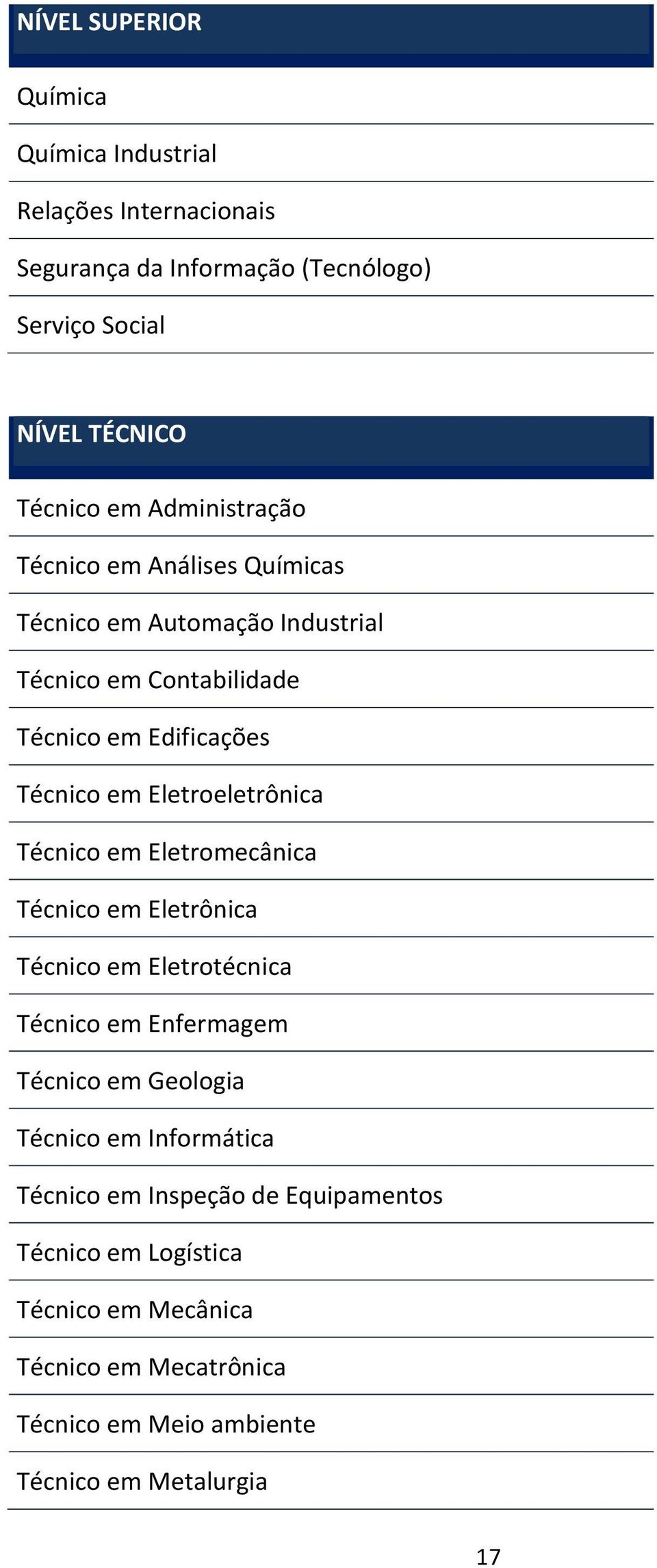 Eletroeletrônica Técnico em Eletromecânica Técnico em Eletrônica Técnico em Eletrotécnica Técnico em Enfermagem Técnico em Geologia Técnico em