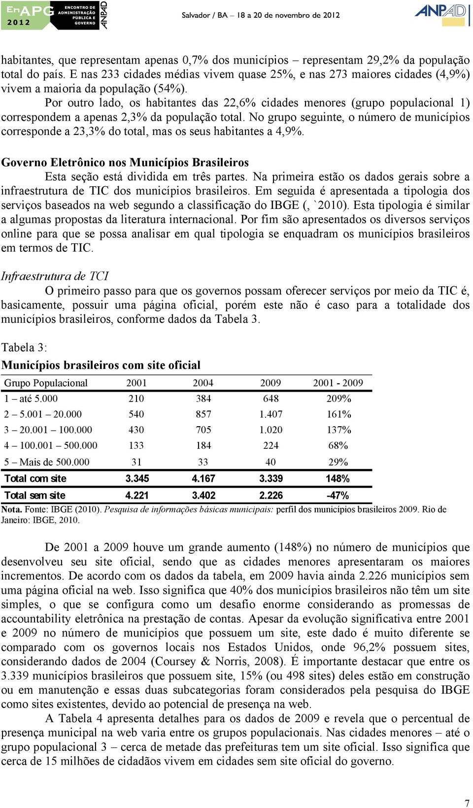 Por outro lado, os habitantes das 22,6% cidades menores (grupo populacional 1) correspondem a apenas 2,3% da população total.