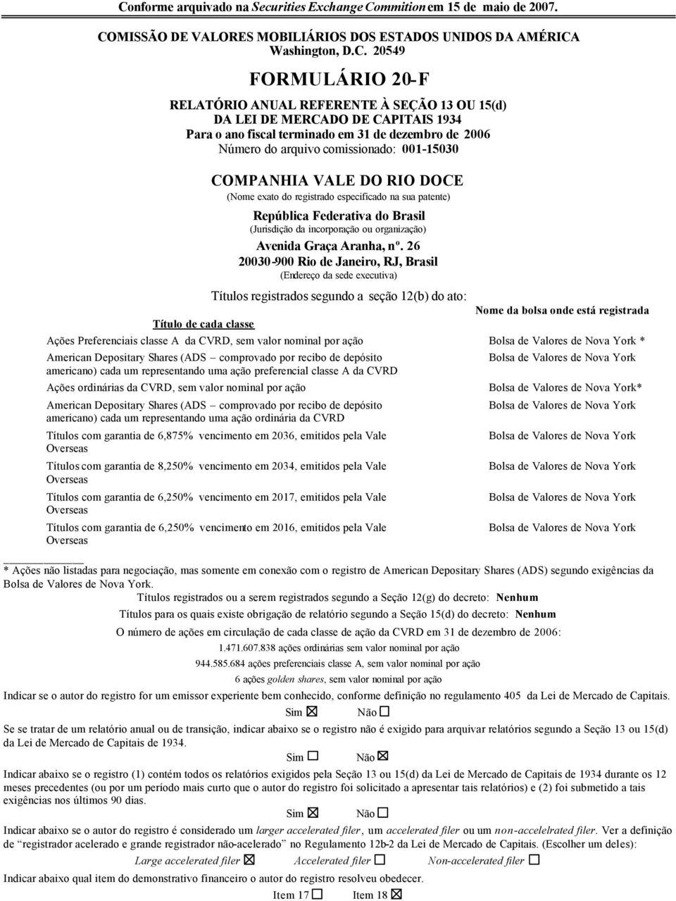 DO RIO DOCE (Nome exato do registrado especificado na sua patente) República Federativa do Brasil (Jurisdição da incorporação ou organização) Avenida Graça Aranha, n o.