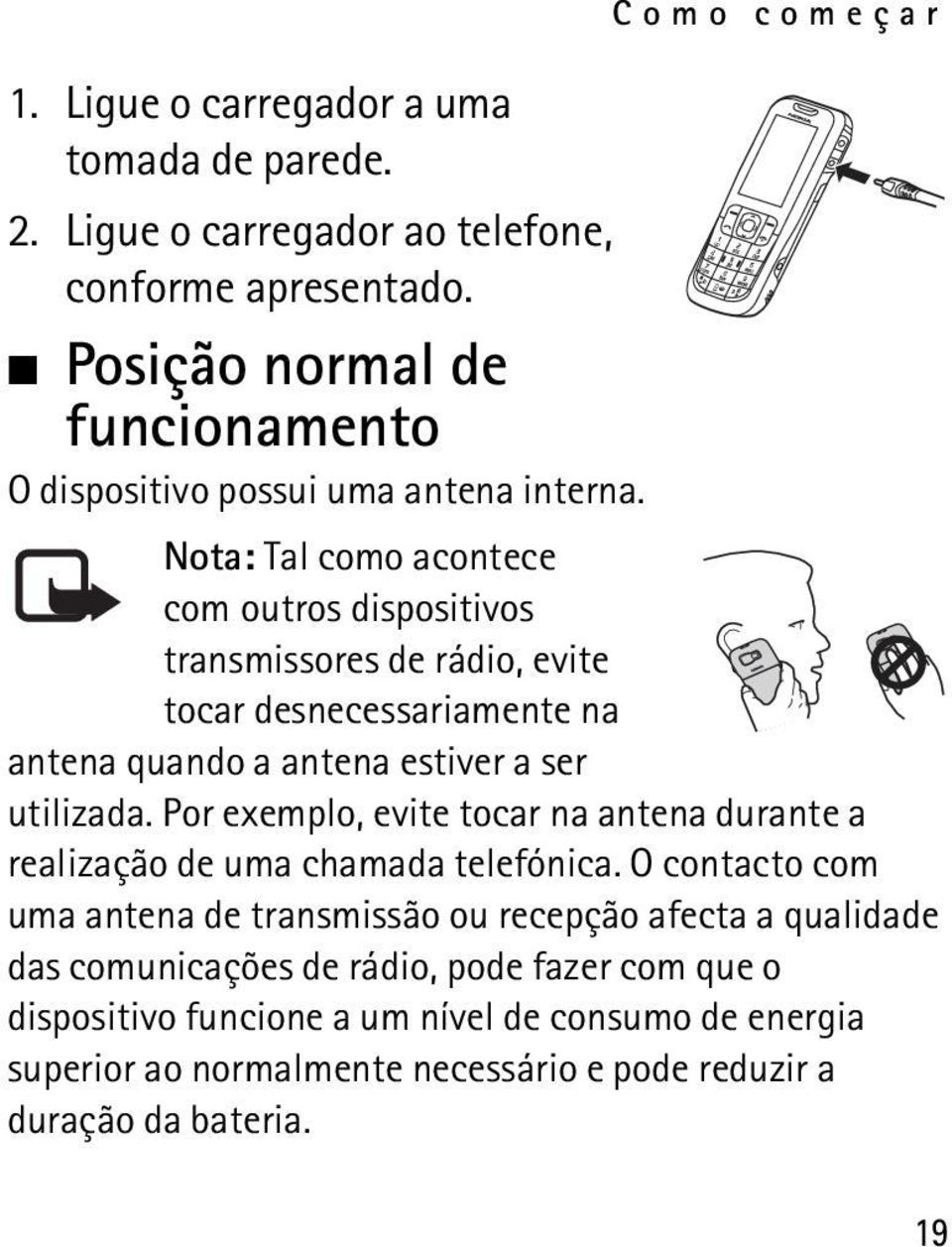 Como começar Nota: Tal como acontece com outros dispositivos transmissores de rádio, evite tocar desnecessariamente na antena quando a antena estiver a ser utilizada.