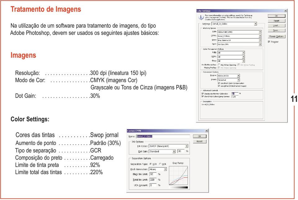 ..............CMYK (imagens Cor) Grayscale ou Tons de Cinza (imagens P&B) Dot Gain:..................30% 11 Color Settings: Cores das tintas.