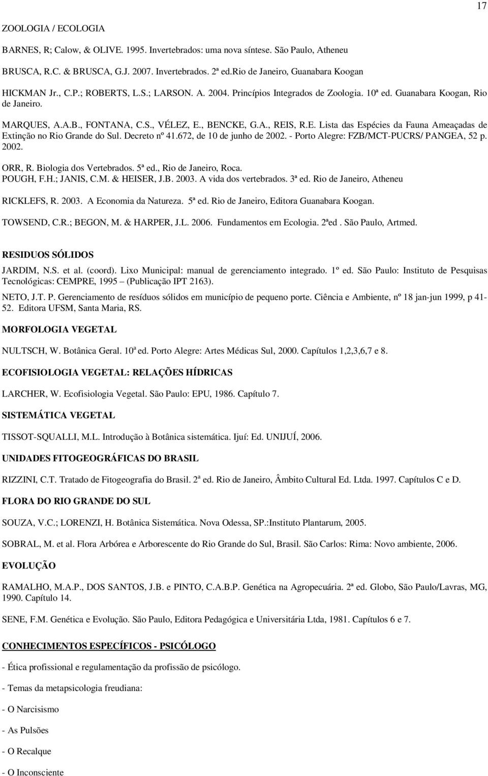 , BENCKE, G.A., REIS, R.E. Lista das Espécies da Fauna Ameaçadas de Extinção no Rio Grande do Sul. Decreto nº 41.672, de 10 de junho de 2002. - Porto Alegre: FZB/MCT-PUCRS/ PANGEA, 52 p. 2002. ORR, R.