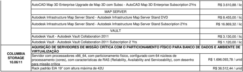 06/11 Autodesk Vault - Autodesk Vault Collaboration 2011 VAULT Autodesk Vault - Autodesk Vault Collaboration 2011 Subscription 2 Yrs R$ 3.130,00 / lic R$ 1.