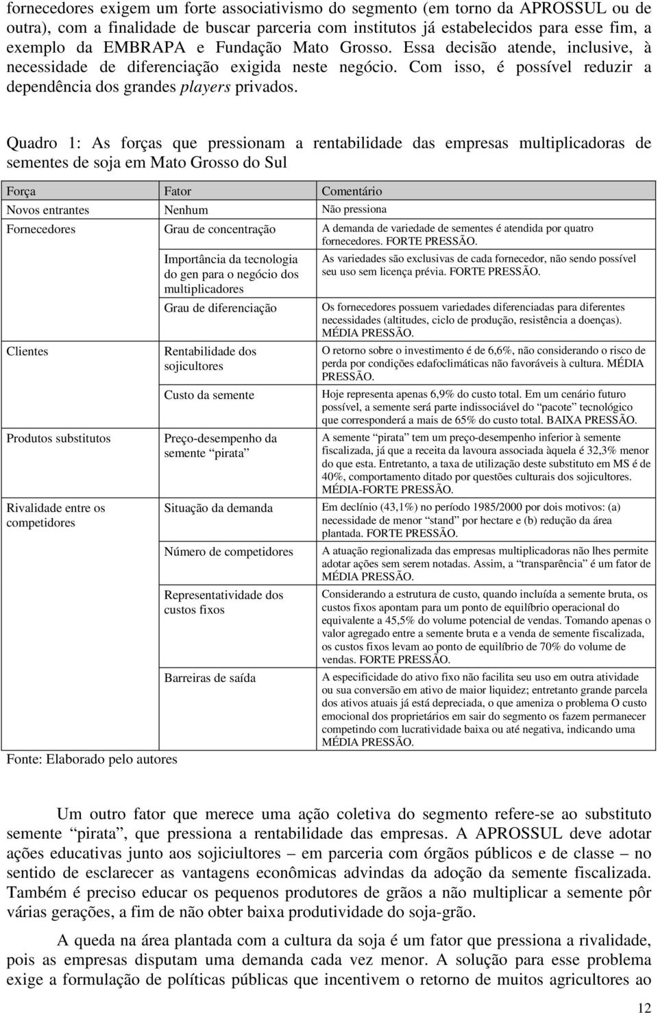 Quadro 1: As forças que pressionam a rentabilidade das empresas multiplicadoras de sementes de soja em Mato Grosso do Sul Força Fator Comentário Novos entrantes Nenhum Não pressiona Fornecedores Grau