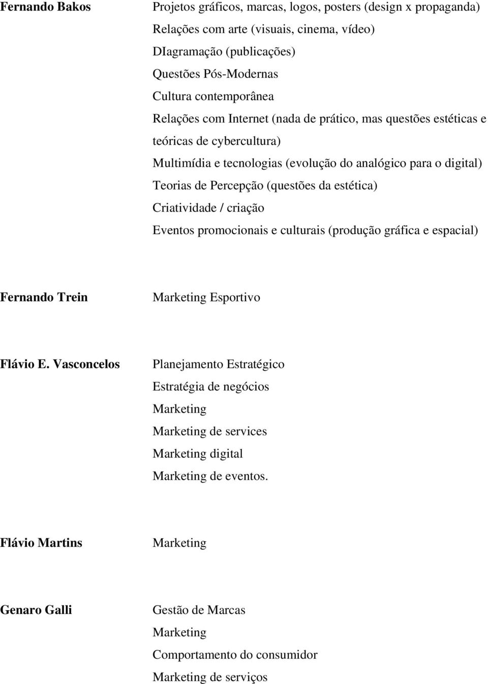 estética) Criatividade / criação Eventos promocionais e culturais (produção gráfica e espacial) Fernando Trein Marketing Esportivo Flávio E.