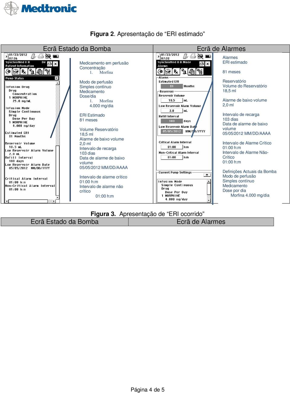 crítico Ecrã de Alarmes Alarmes ERI estimado 81 meses Reservatório Volume do Reservatório 18,5 ml 103 dias 05/05/2012 MM/DD/AAAA Intervalo de