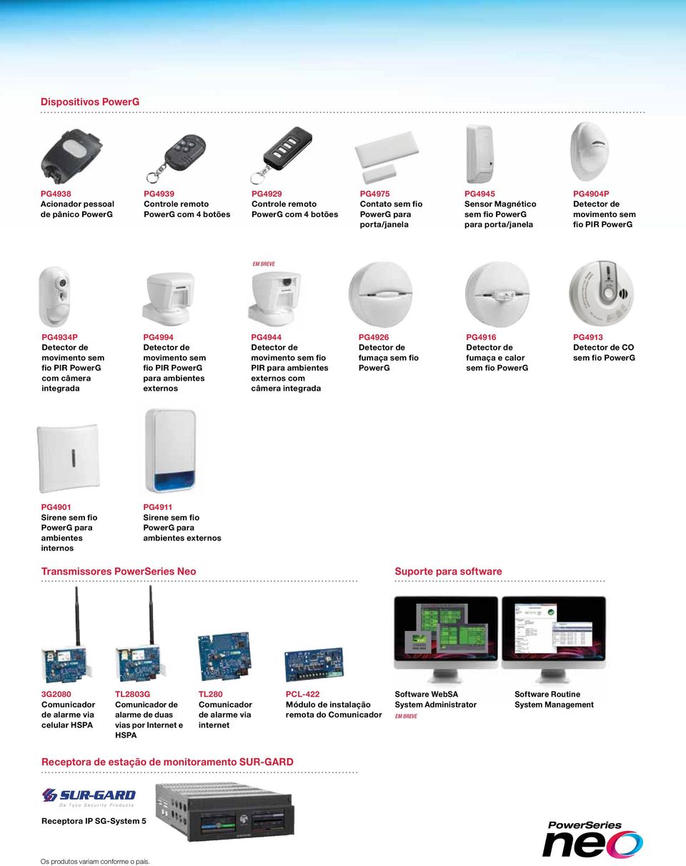 para ambientes externos PG4944 movimento sem fio PIR para ambientes externos com câmera integrada PG4926 fumaça sem fio PowerG PG4916 fumaça e calor sem fio PowerG PG4913 CO sem fio PowerG PG4901