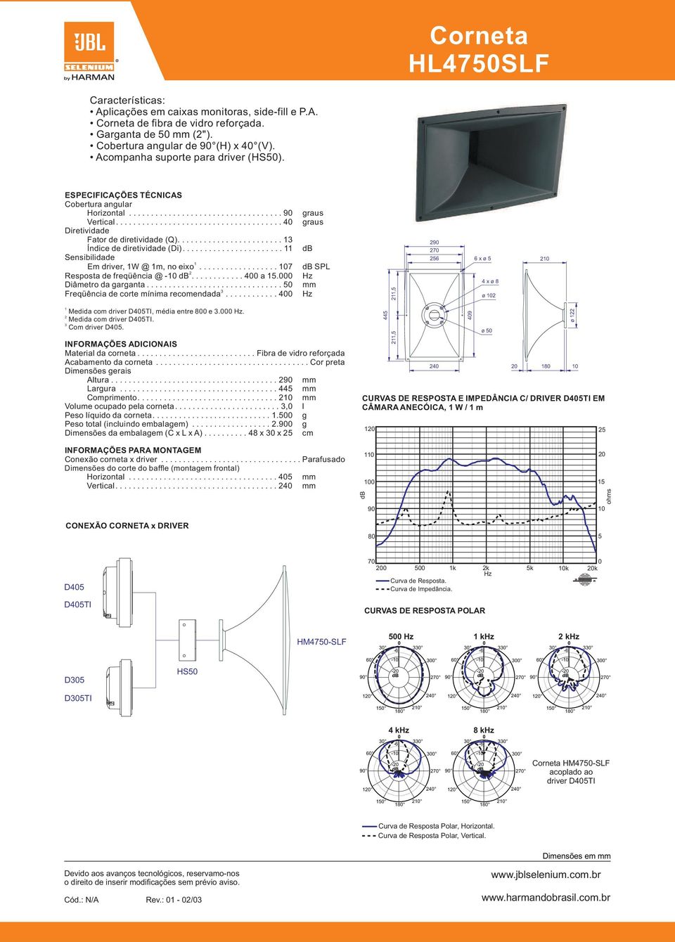 ........... 4 a. Diâmetro da garganta............................... Freqüência de corte mínima recomendada............ 4 SPL, 9 7 6 6 x ø 4 x ø 8 ø Medida com driver D4TI, média entre 8 e.