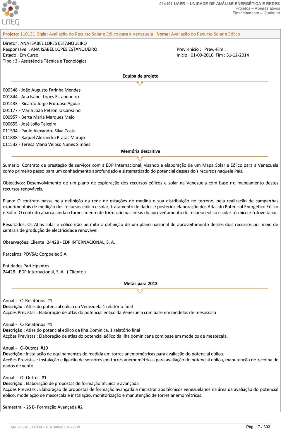 -Fim : Início : 01-09-2010 Fim : 31-12-2014 000348 - João Augusto Farinha Mendes 001844 - Ana Isabel Lopes Estanqueiro 001433 - Ricardo Jorge Frutuoso Aguiar 001177 - Maria João Petronilo Carvalho