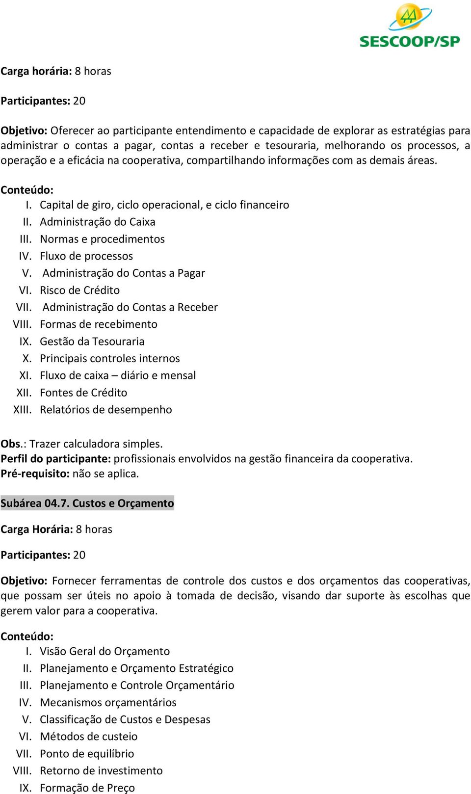 Administração do Caixa III. Normas e procedimentos IV. Fluxo de processos V. Administração do Contas a Pagar VI. Risco de Crédito VII. Administração do Contas a Receber VIII. Formas de recebimento IX.