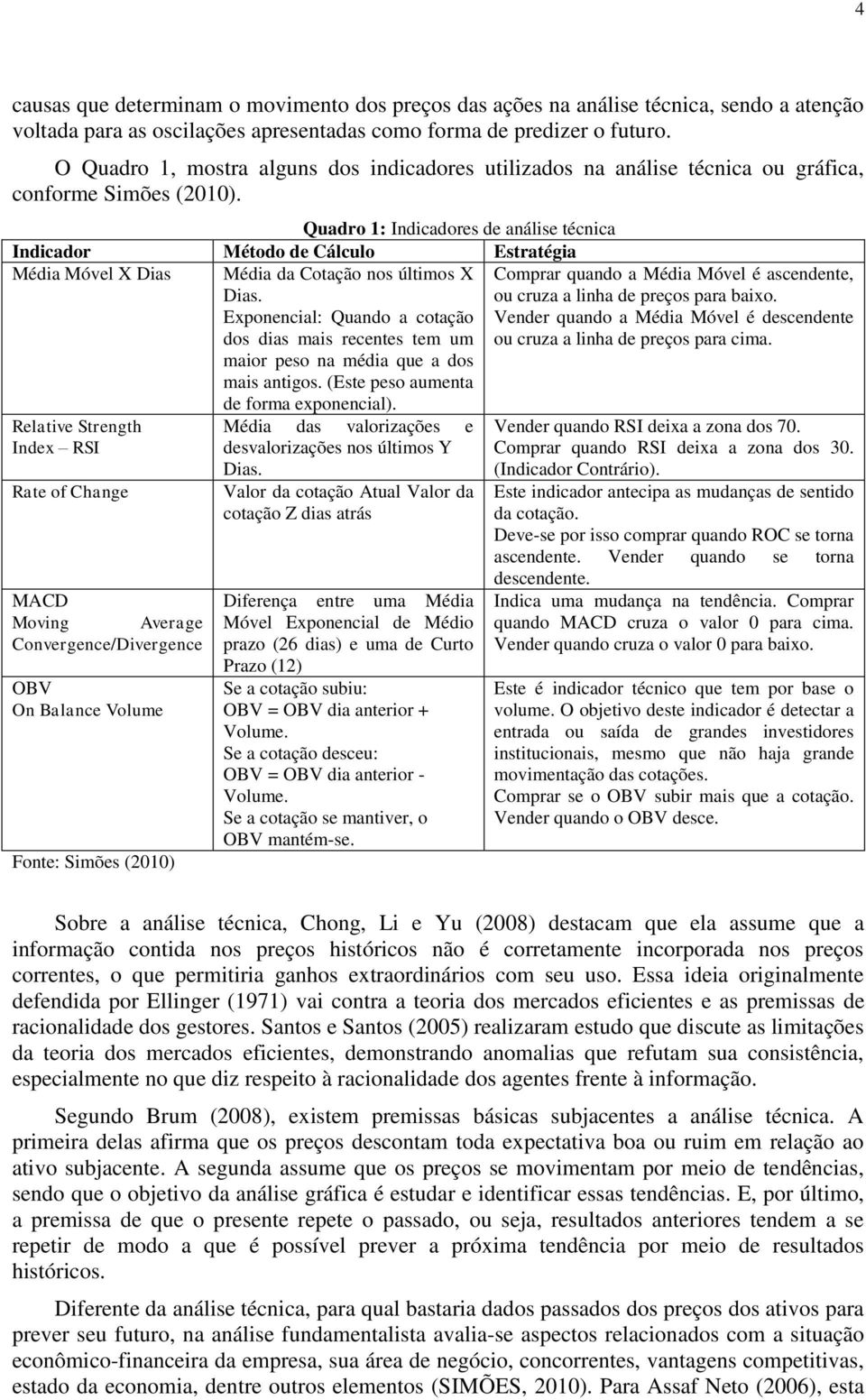 Quadro 1: Indicadores de análise técnica Indicador Método de Cálculo Estratégia Média Móvel X Dias Média da Cotação nos últimos X Dias.