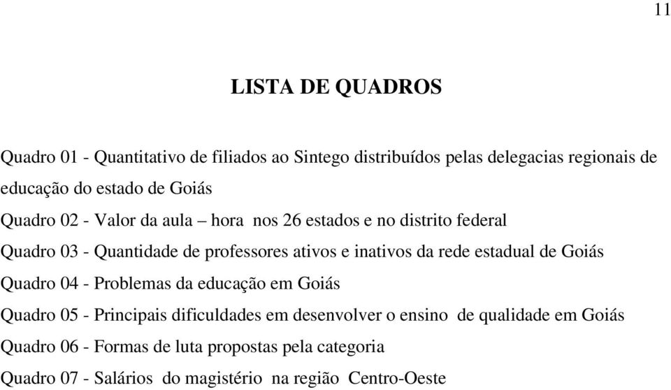 inativos da rede estadual de Goiás Quadro 04 - Problemas da educação em Goiás Quadro 05 - Principais dificuldades em desenvolver o