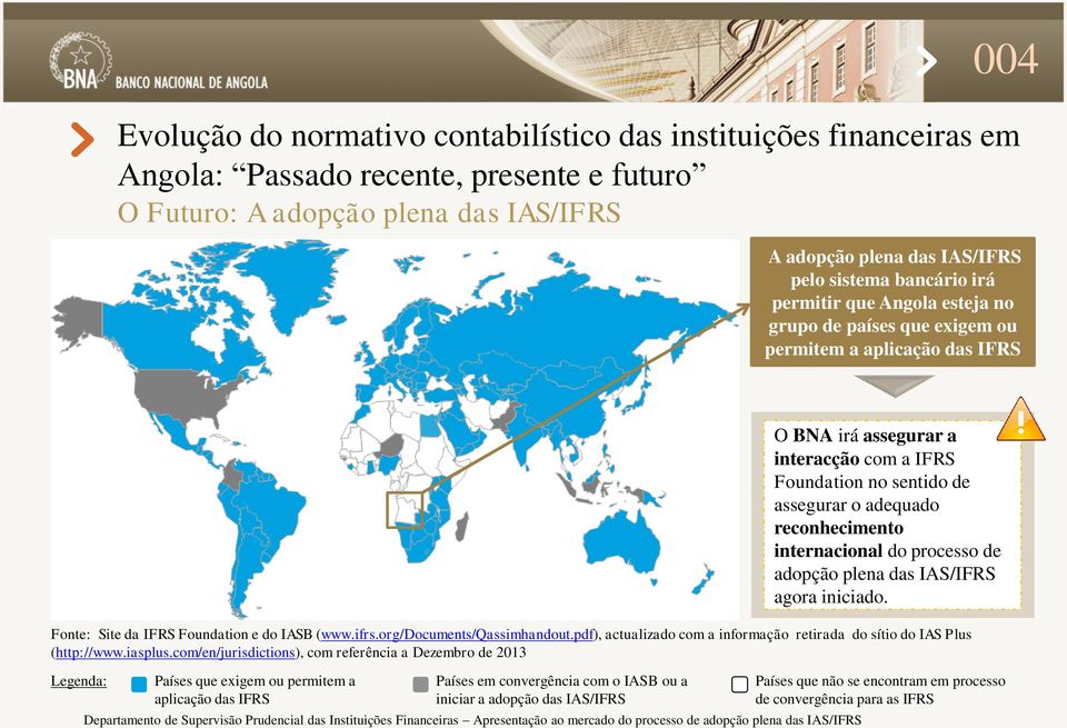 a iniciar a adopção das IAS/IFRS O BNA irá assegurar a interacção com a IFRS Foundation no sentido de assegurar o adequado reconhecimento internacional do processo de adopção plena das IAS/IFRS agora