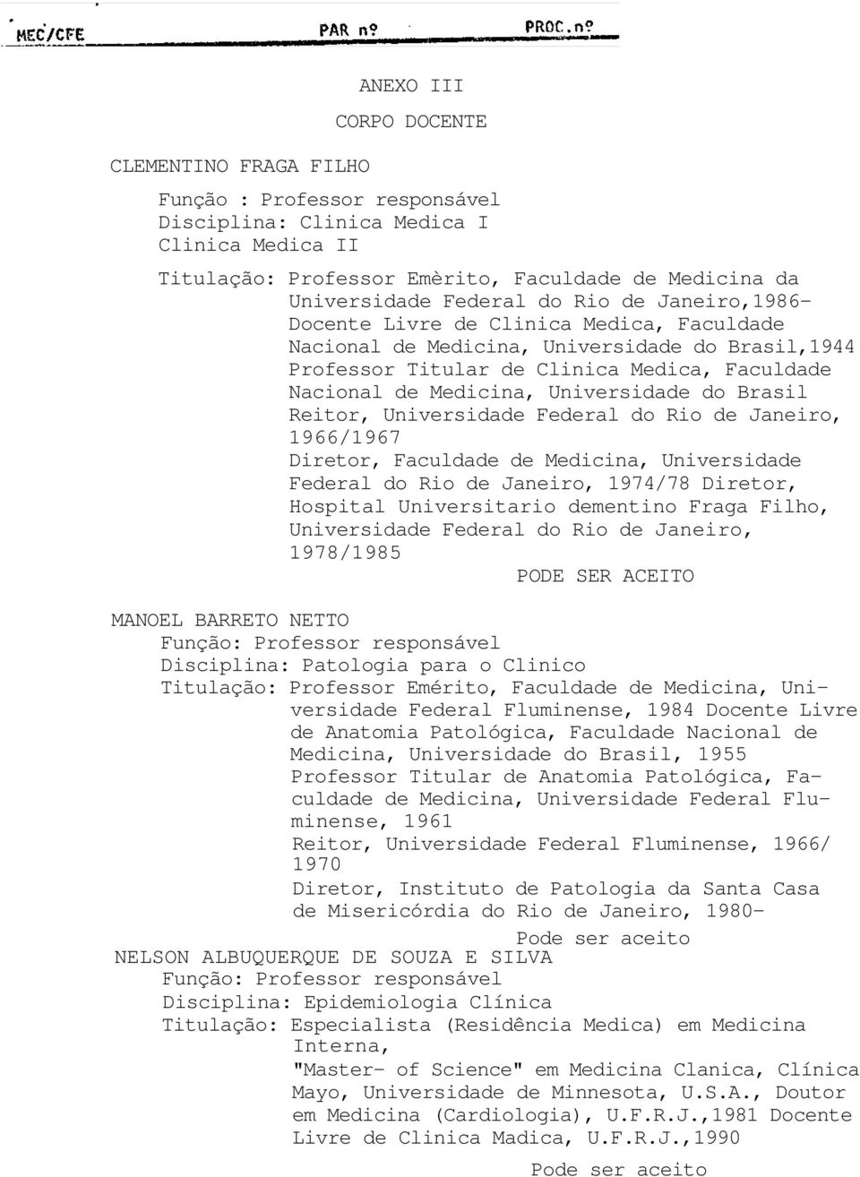 Universidade do Brasil Reitor, Universidade Federal do Rio de Janeiro, 1966/1967 Diretor, Faculdade de Medicina, Universidade Federal do Rio de Janeiro, 1974/78 Diretor, Hospital Universitario