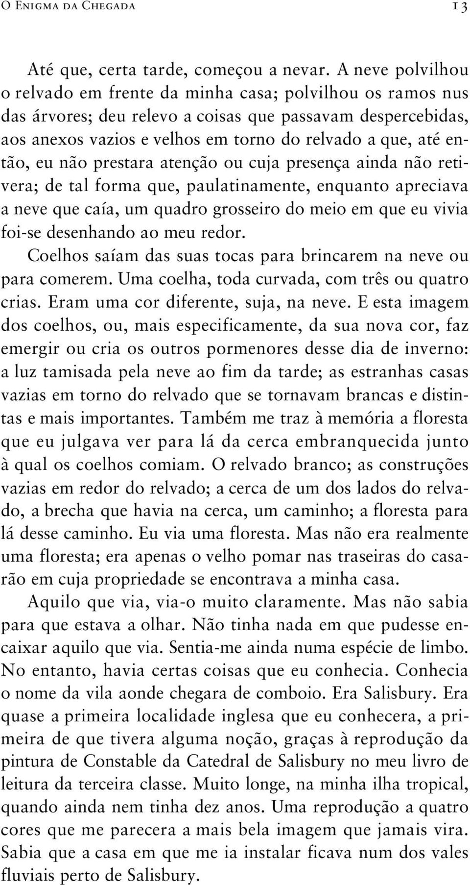 então, eu não prestara atenção ou cuja presença ainda não retivera; de tal forma que, paulatinamente, enquanto apreciava a neve que caía, um quadro grosseiro do meio em que eu vivia foi-se desenhando