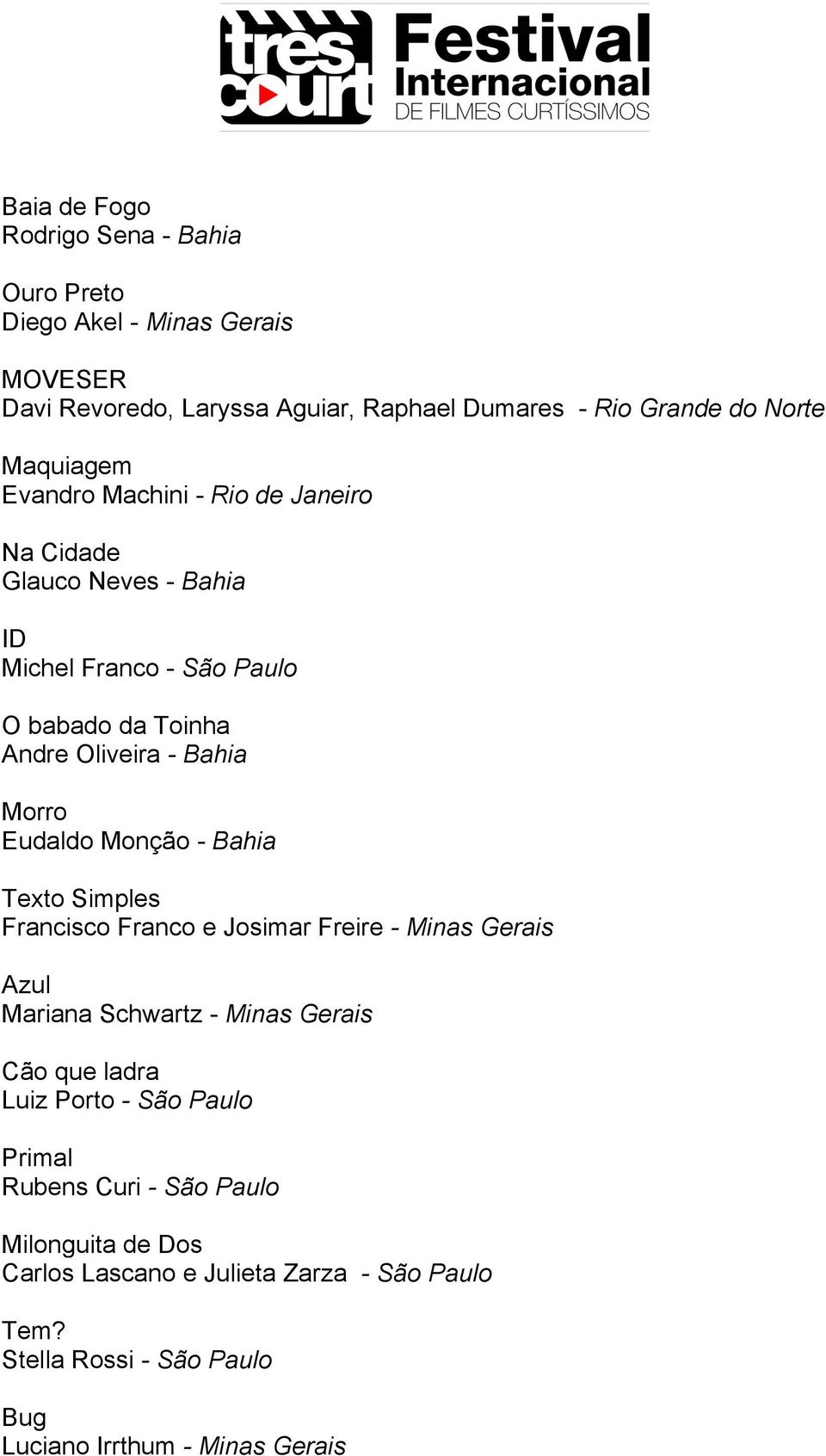 Eudaldo Monção - Bahia Texto Simples Francisco Franco e Josimar Freire - Minas Gerais Azul Mariana Schwartz - Minas Gerais Cão que ladra Luiz Porto - São