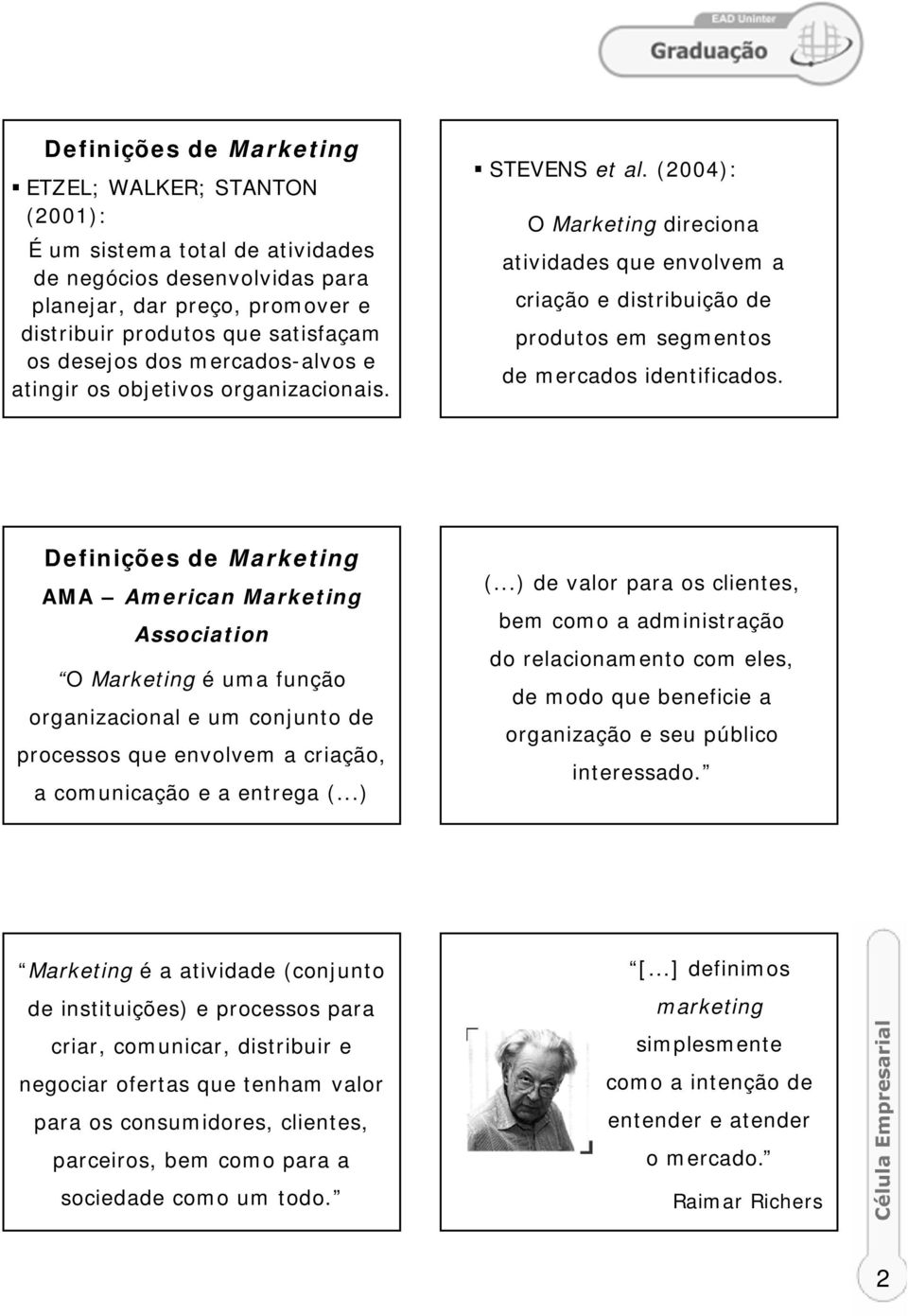 (2004): O Marketing direciona atividades que envolvem a criação e distribuição de produtos em segmentos de mercados identificados.