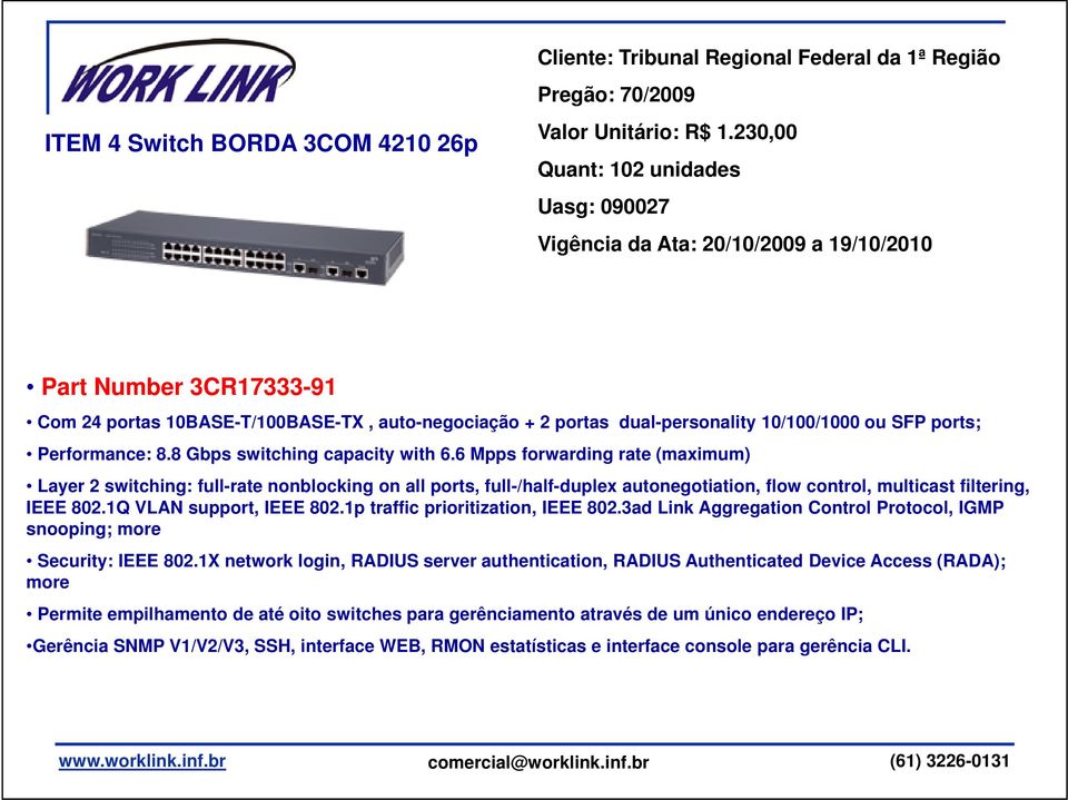 SFP ports; Performance: 8.8 Gbps switching capacity with 6.