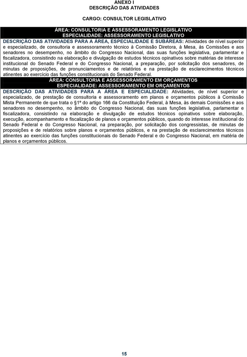 Congresso Nacional, das suas funções legislativa, parlamentar e fiscalizadora, consistindo na elaboração e divulgação de estudos técnicos opinativos sobre matérias de interesse institucional do