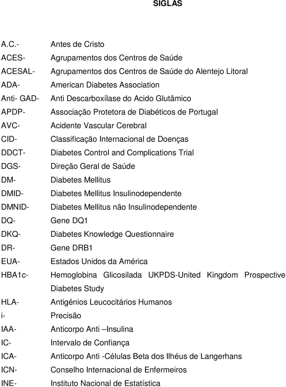 Glutâmico APDP- Associação Protetora de Diabéticos de Portugal AVC- Acidente Vascular Cerebral CID- Classificação Internacional de Doenças DDCT- Diabetes Control and Complications Trial DGS- Direção