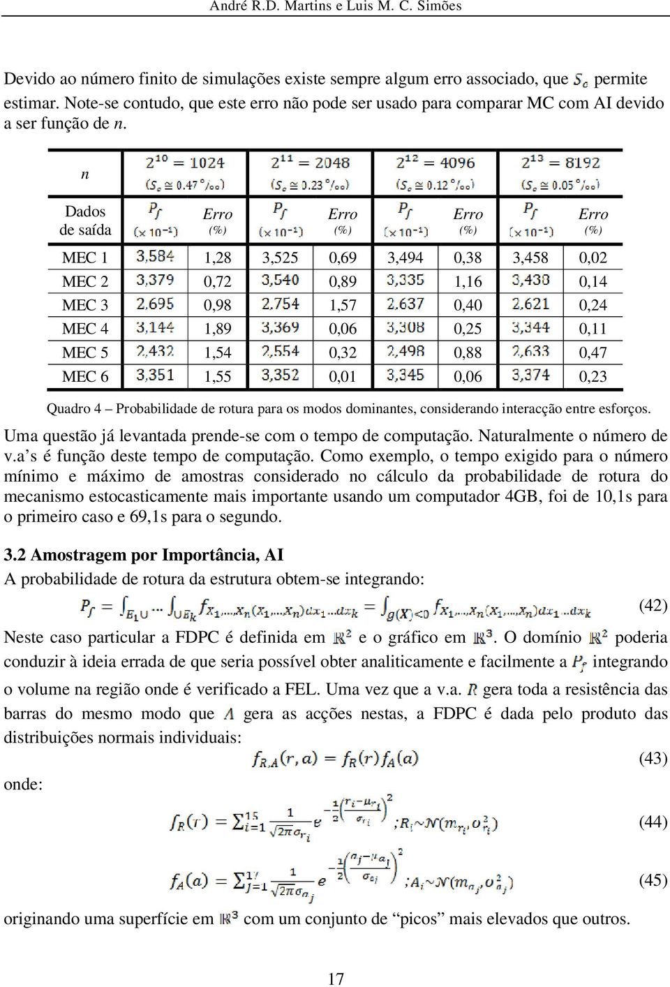 0,47 MEC 6 1,55 0,01 0,06 0,23 Quadro 4 Probabilidade de rotura para os modos dominantes, considerando interacção entre esforços. Uma questão já levantada prende-se com o tempo de computação.