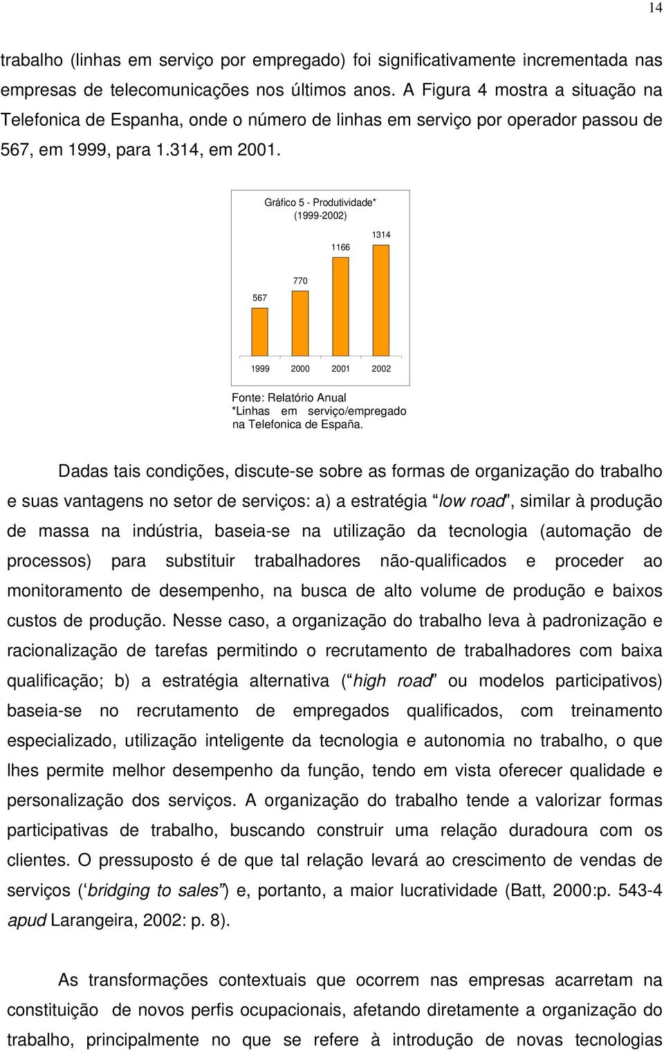 Gráfico 5 - Produtividade* (1999-2002) 1166 1314 770 567 1999 2000 2001 2002 Fonte: Relatório Anual *Linhas em serviço/empregado na Telefonica de España.