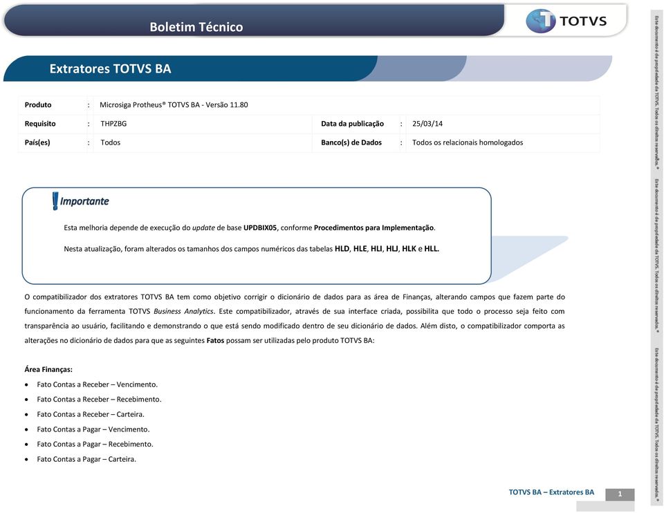 Procedimentos para Implementação. Nesta atualização, foram alterados os tamanhos dos campos numéricos das tabelas HLD, HLE, HLI, HLJ, HLK e HLL.