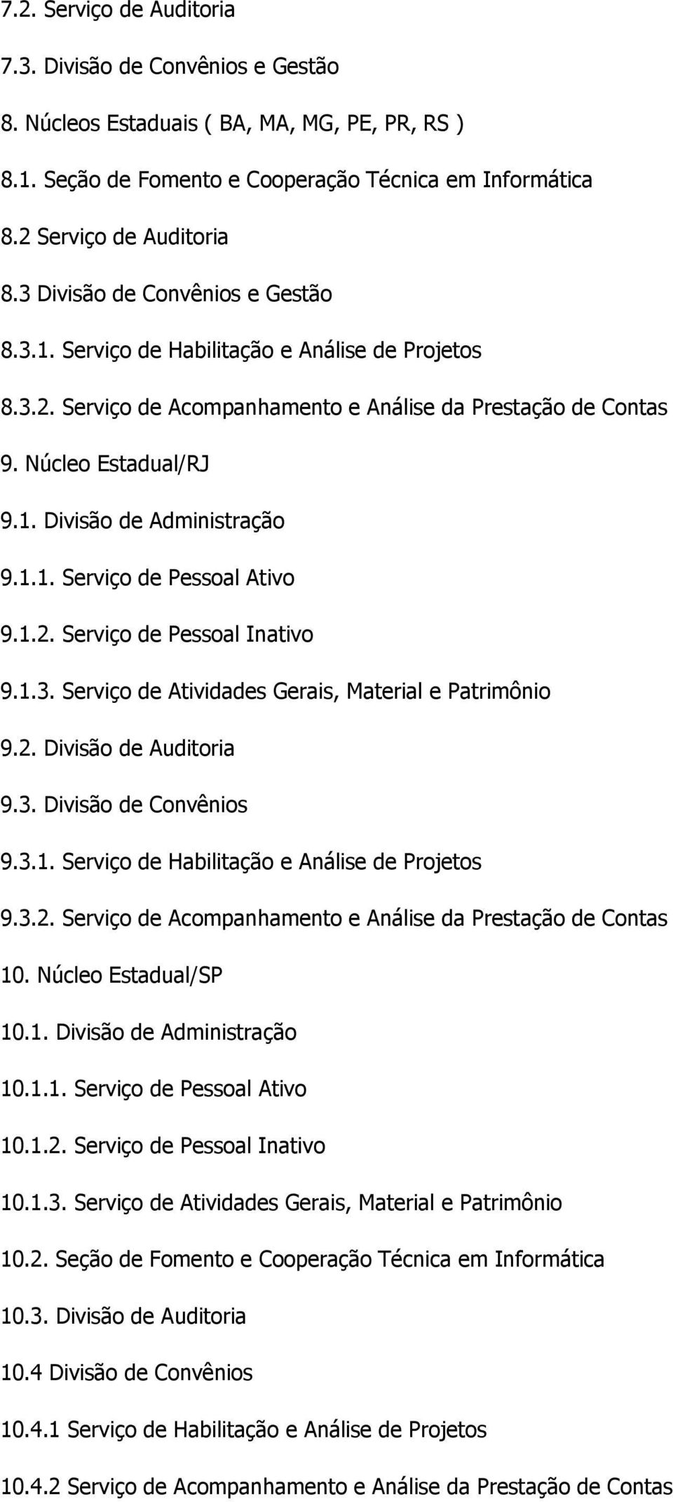 1.1. Serviço de Pessoal Ativo 9.1.2. Serviço de Pessoal Inativo 9.1.3. Serviço de Atividades Gerais, Material e Patrimônio 9.2. Divisão de Auditoria 9.3. Divisão de Convênios 9.3.1. Serviço de Habilitação e Análise de Projetos 9.