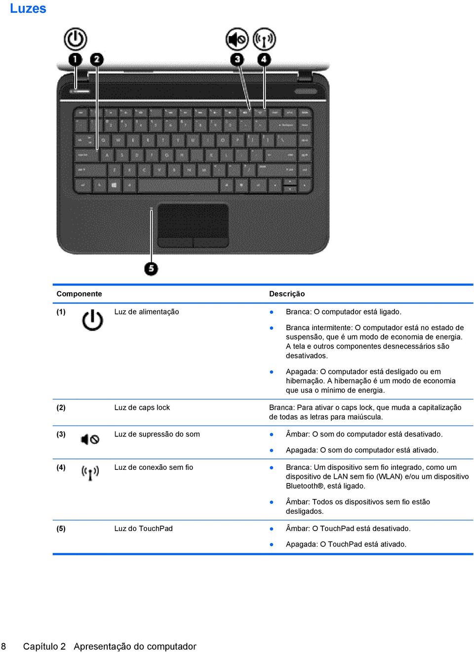 (2) Luz de caps lock Branca: Para ativar o caps lock, que muda a capitalização de todas as letras para maiúscula. (3) Luz de supressão do som Âmbar: O som do computador está desativado.