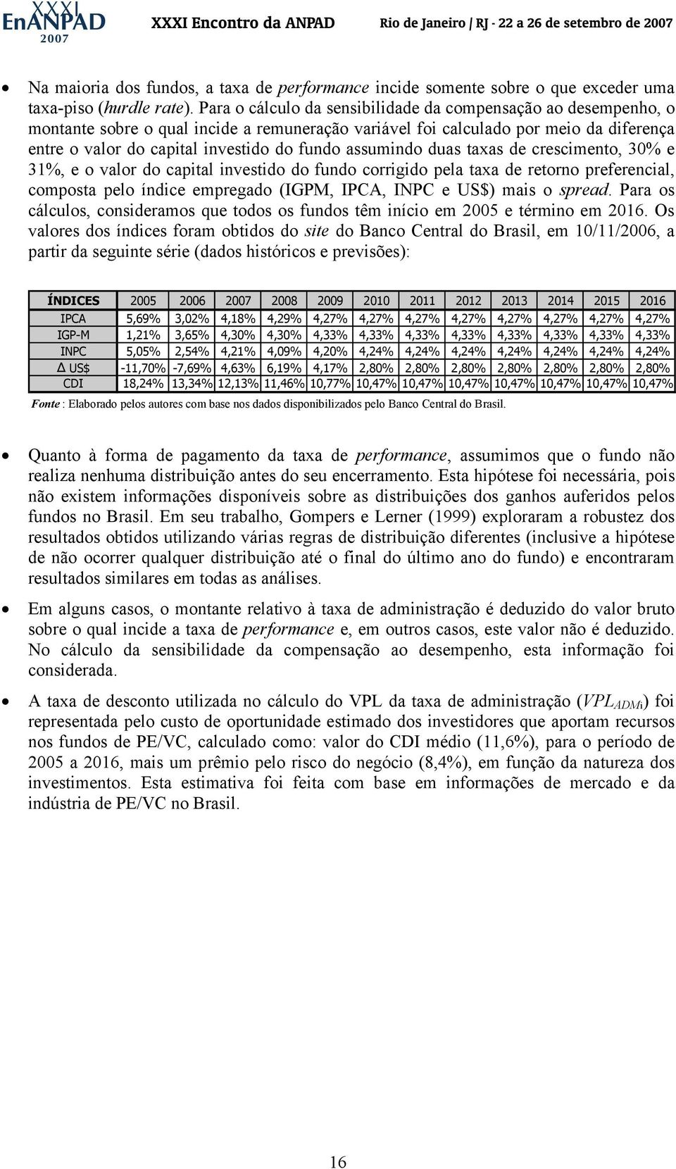 assumindo duas taxas de crescimento, 30% e 31%, e o valor do capital investido do fundo corrigido pela taxa de retorno preferencial, composta pelo índice empregado (IGPM, IPCA, INPC e US$) mais o