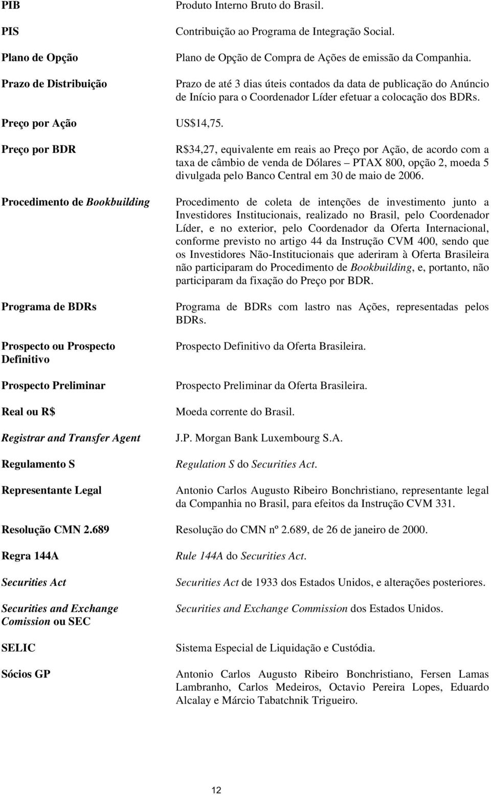 Prazo de até 3 dias úteis contados da data de publicação do Anúncio de Início para o Coordenador Líder efetuar a colocação dos BDRs. US$14,75.