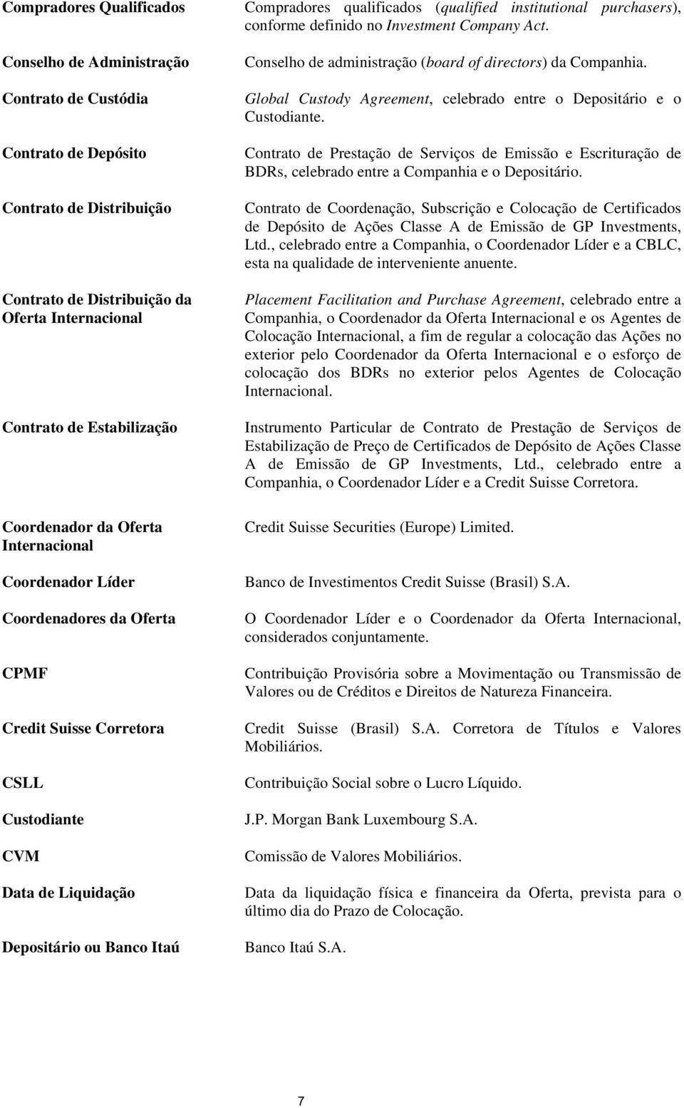 (qualified institutional purchasers), conforme definido no Investment Company Act. Conselho de administração (board of directors) da Companhia.