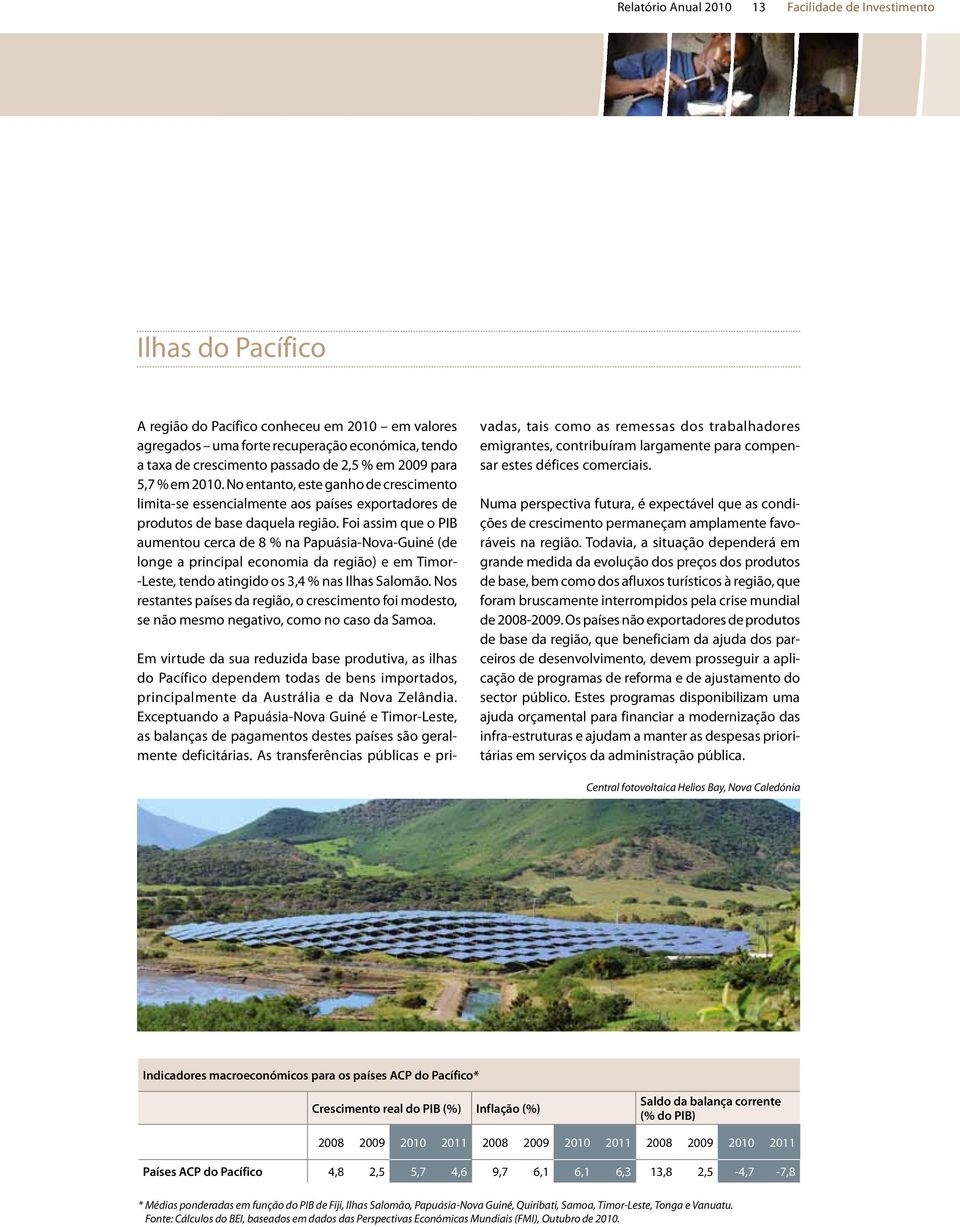 Foi assim que o PIB aumentou cerca de 8 % na Papuásia-Nova-Guiné (de longe a principal economia da região) e em Timor- -Leste, tendo atingido os 3,4 % nas Ilhas Salomão.